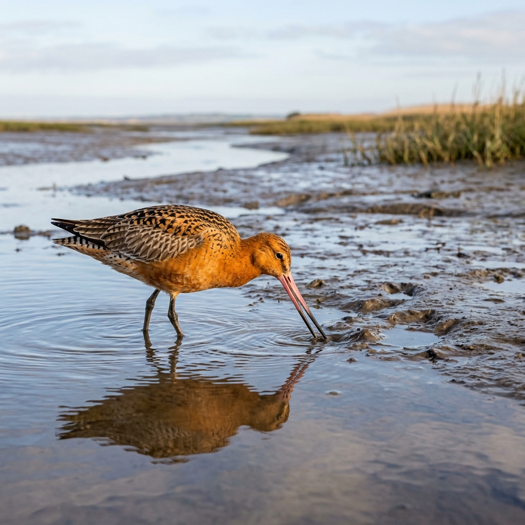 Bar-tailed Godwit wading on coastal mudflats