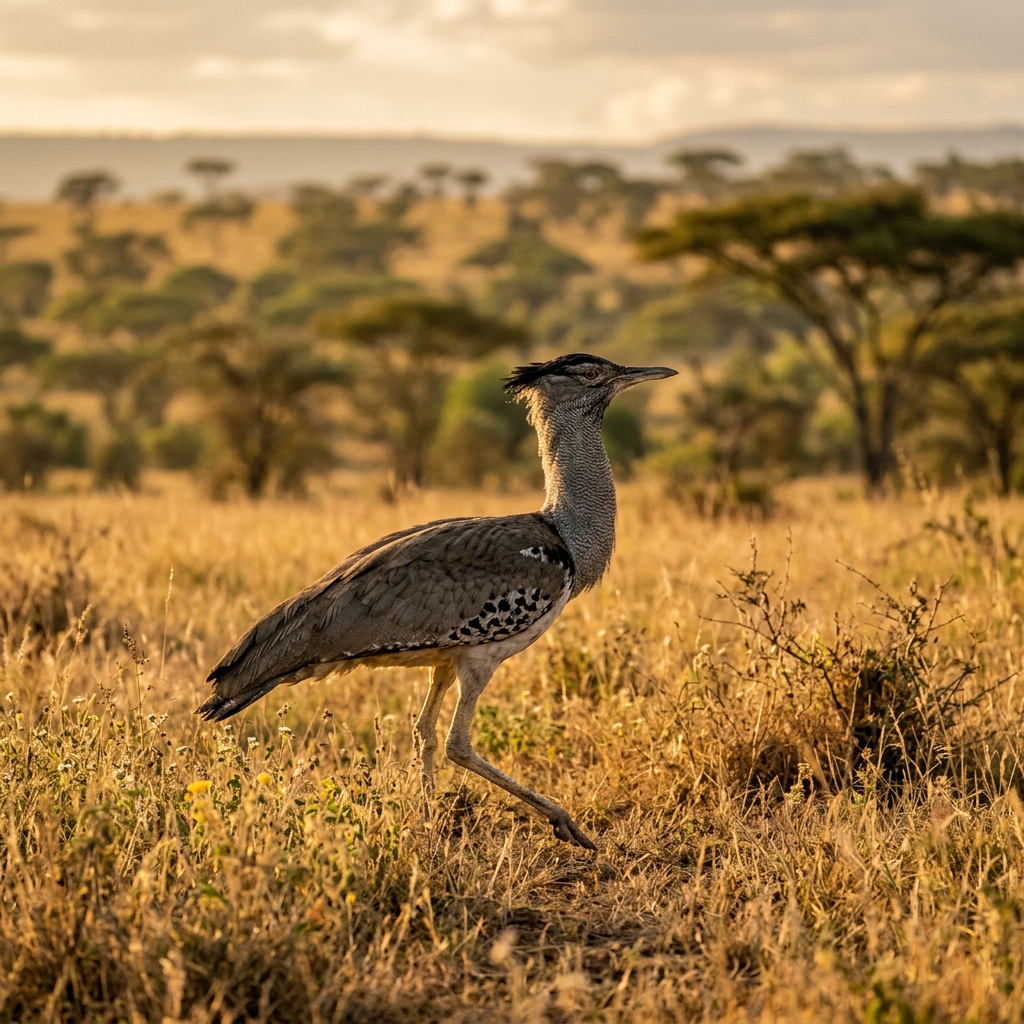 Kori Bustard walking through African savanna