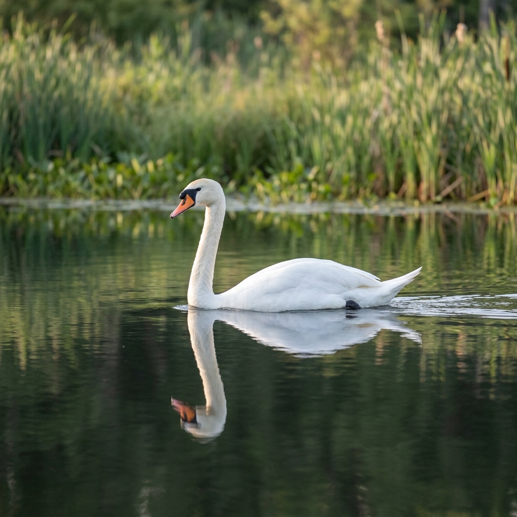 Mute Swan gliding on calm lake water