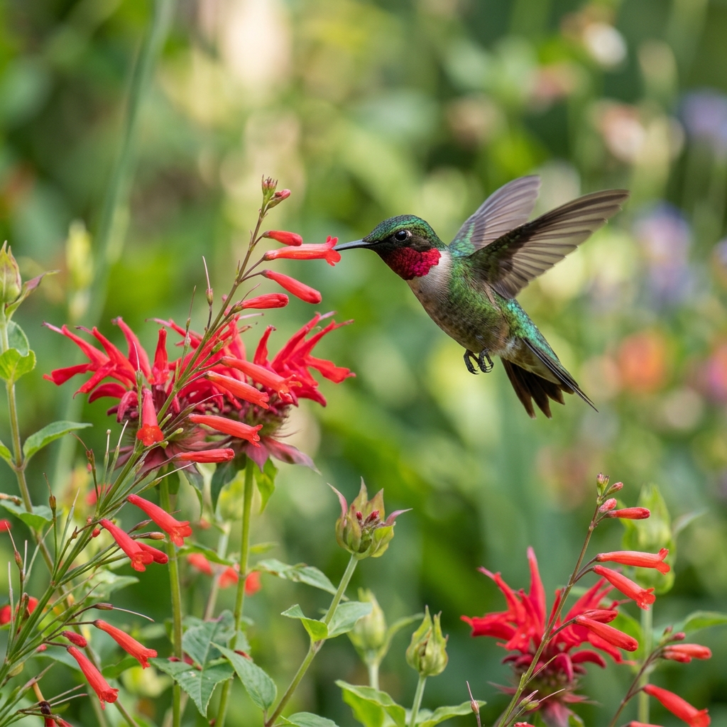 Ruby-throated Hummingbird hovering near wildflowers