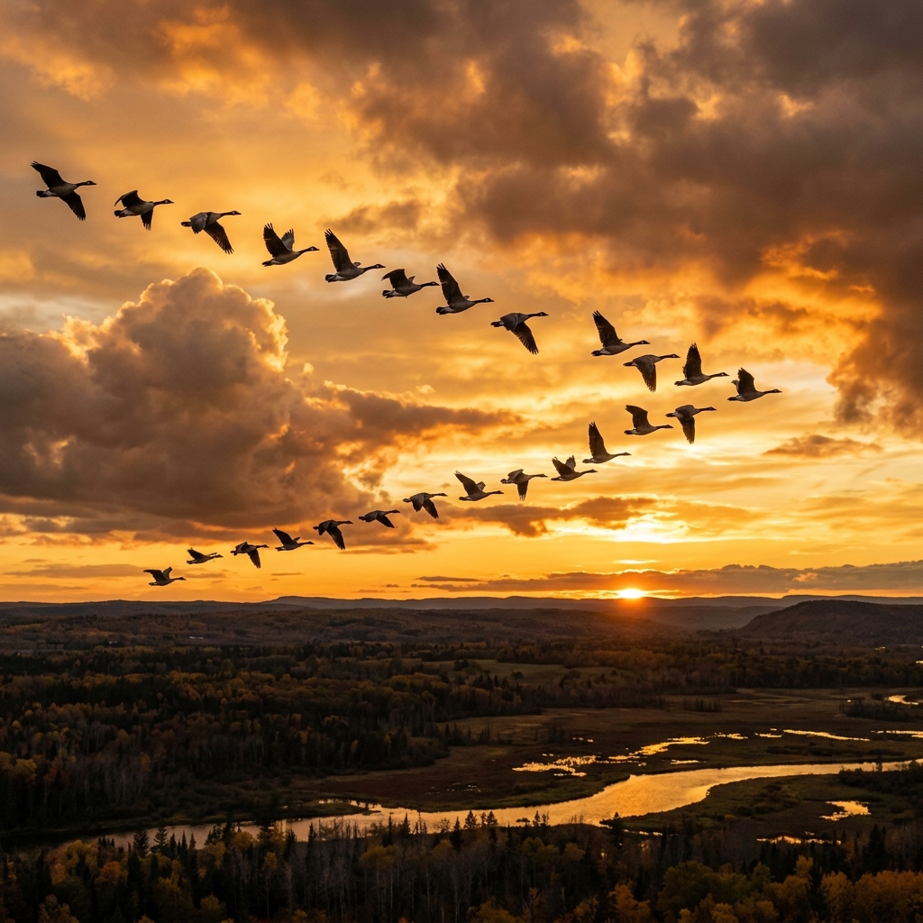 Flock of geese in V-formation during migration