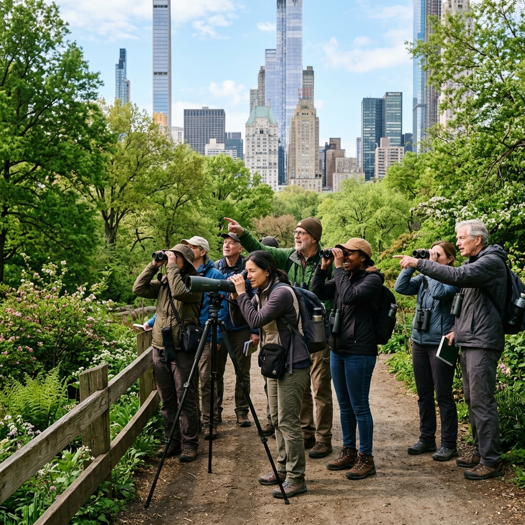 Group of birdwatchers in Central Park, New York