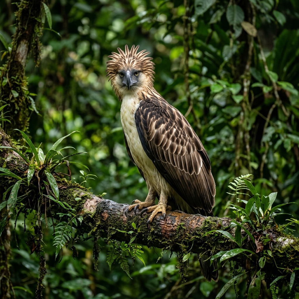 Philippine Eagle perched in a lush tropical rainforest
