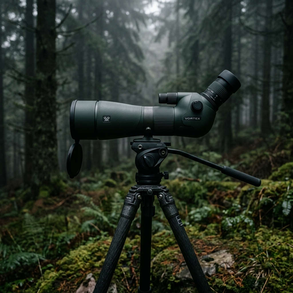 A high-end spotting scope on a tripod in a forest setting